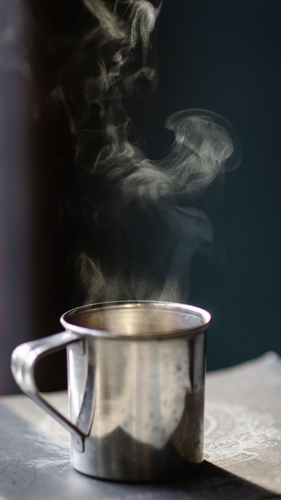 Grey Stainless Steel Mug Filled With Hot Liquid on Brown Surface HD wallpaper
