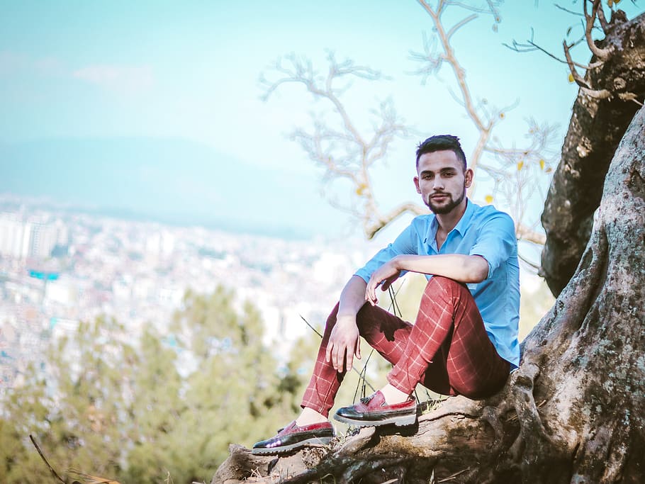 man sitting on tree during daytime, apparel, clothing, outdoors HD wallpaper