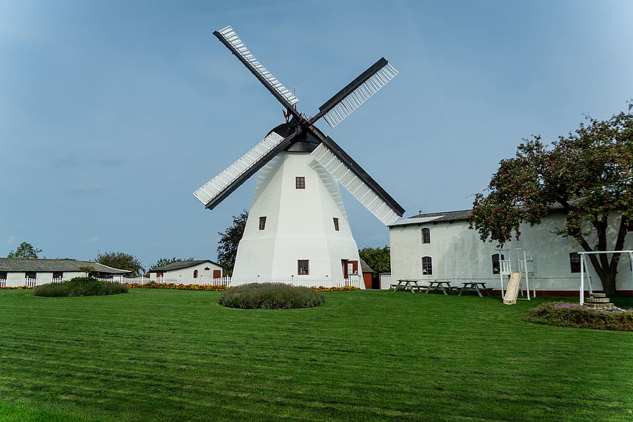 windmill, garden, house, tree, meadow, tower windmill, vacations HD wallpaper