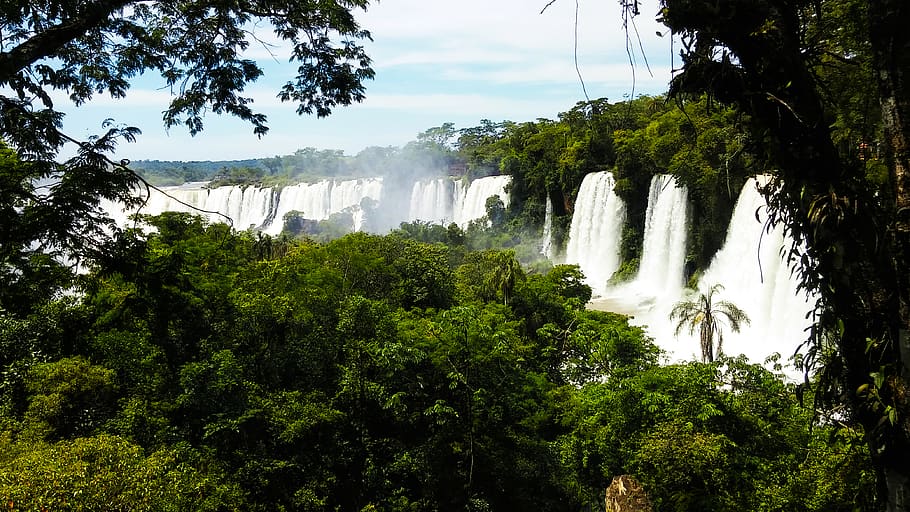 Waterfalls Surrounded by Trees, clouds, daylight, daytime, environment HD wallpaper