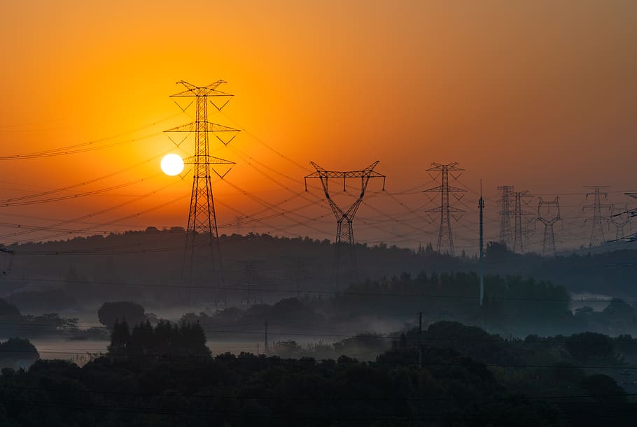 city at sunset, cable, power lines, electric transmission tower
