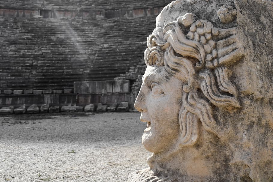 myra, theatre, statue, image, ancient times, hermes, god, turkey HD wallpaper