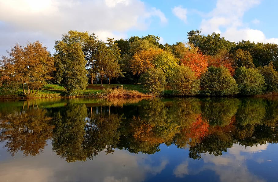 autumn, reflection, green, red, orange, cloud, sky, blue, park HD wallpaper