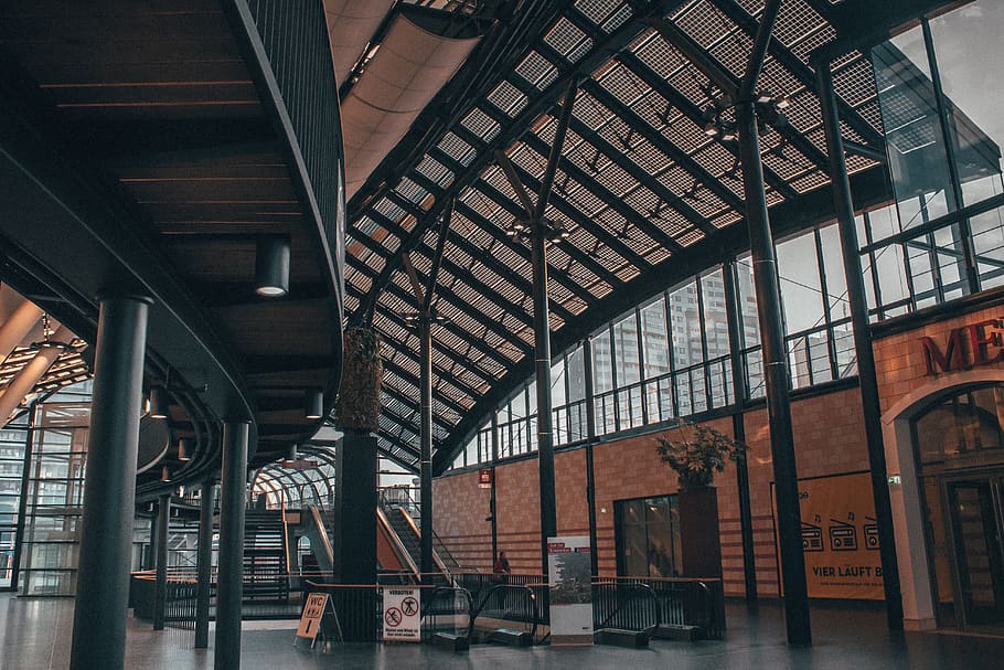 Black Steel Building, architecture, construction, escalator, indoors HD wallpaper