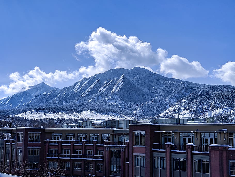 usa, boulder, boulder flatirons, winter, snow, rock, haze, haze mountain HD wallpaper
