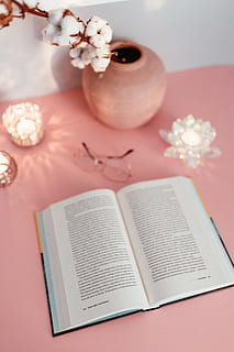 Open book on a pink background, reading, glasses, learning, pink backgound HD wallpaper