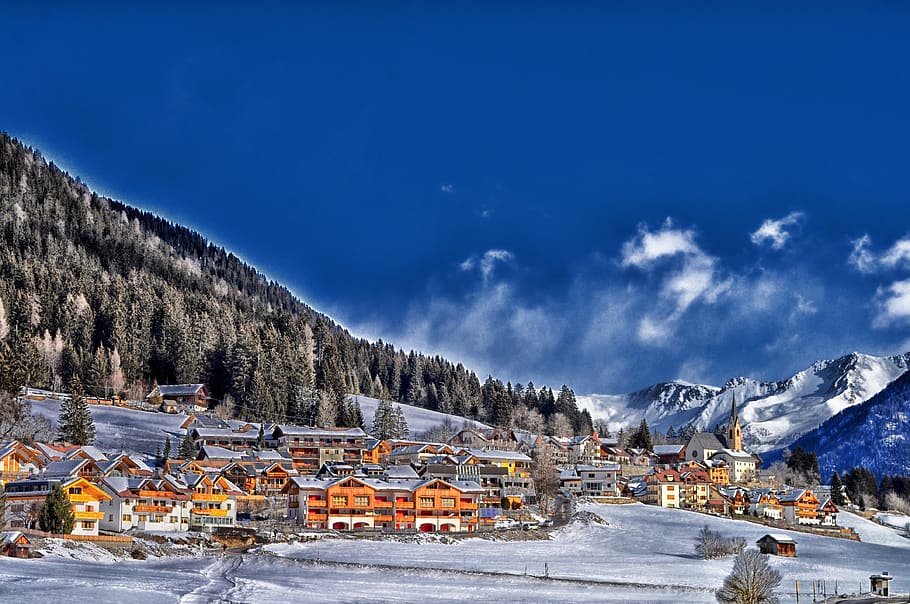 Houses Near Trees during Dayrime, clouds, cold, mountain range HD wallpaper