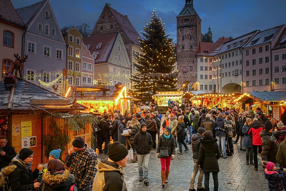 christmas market, landsberg am lech, historic center, tower