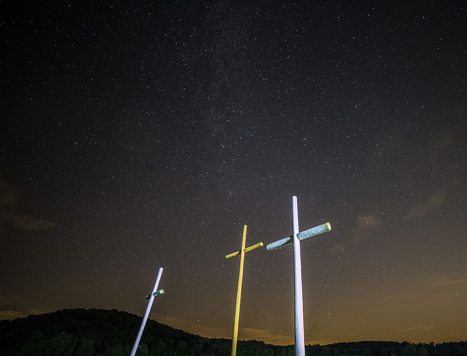 three yellow and white cross, outdoors, nature, night, universe HD wallpaper