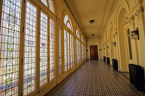 hall, windows, architecture, stained glass window, perspective HD wallpaper