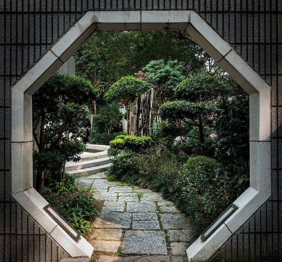 hong kong, hong kong island, garden, zen, pathway, arbre, porte, HD wallpaper