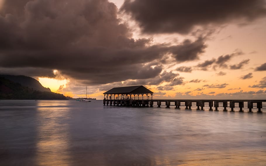 dock during golden hour, water, waterfront, port, pier, united states HD wallpaper