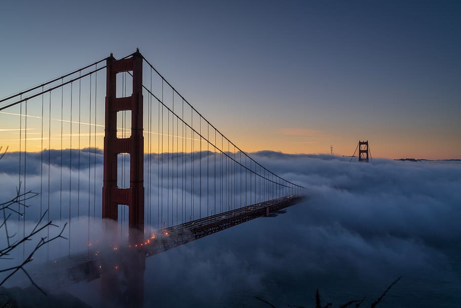 foggy bridge, built structure, sky, suspension bridge, architecture HD wallpaper