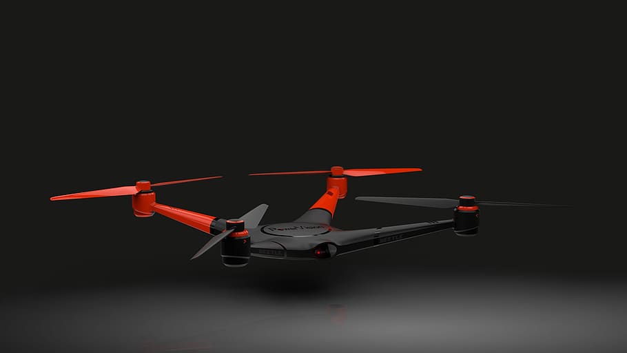 Gray and Red Quadcopter Drone, blur, close-up, design, focus HD wallpaper