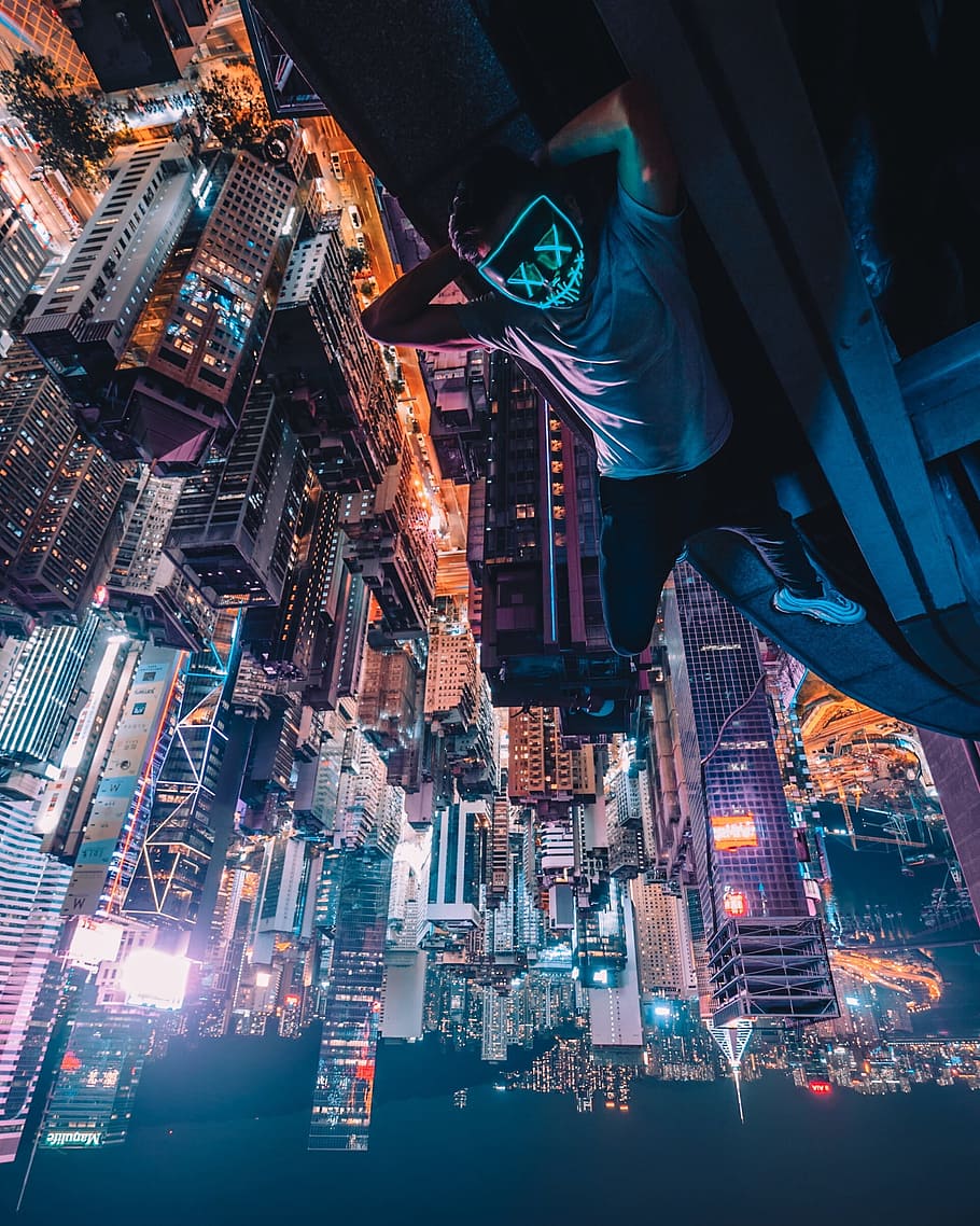 man on top of building, male, mask, cityscape, cyberpunk, robot