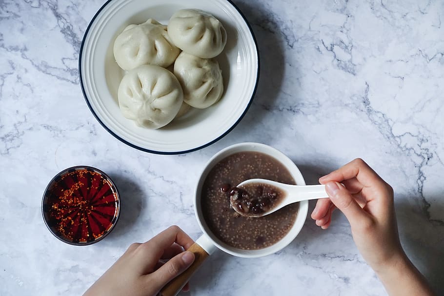 Round White Ceramic Bowl, baozi, bun, delicious, dumpling, food, HD wallpaper
