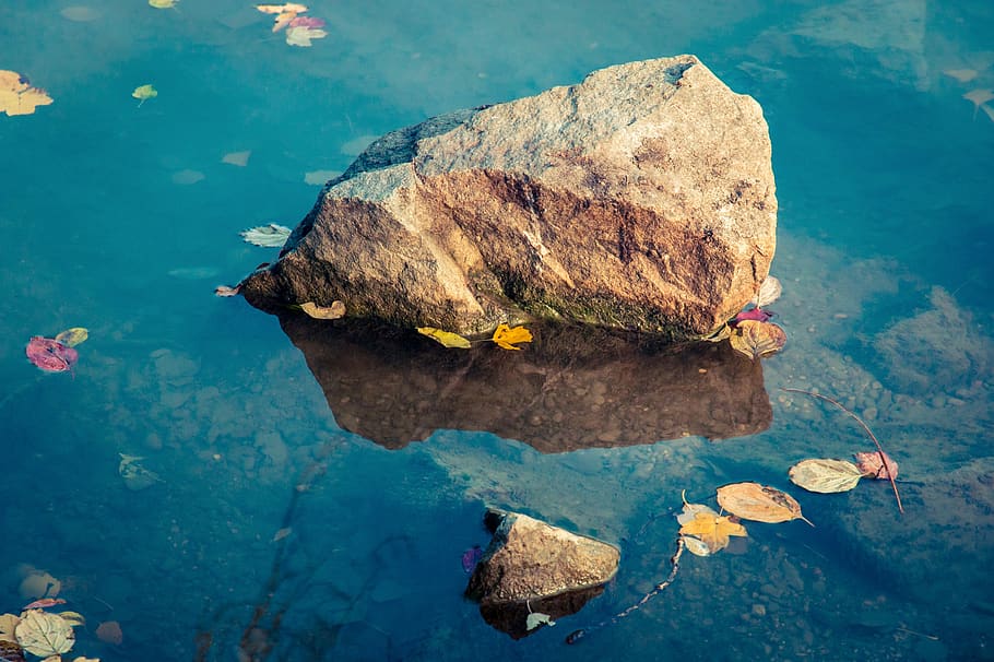 stone, water, leaf, autumn, nature, rock, lake, river, blue HD wallpaper