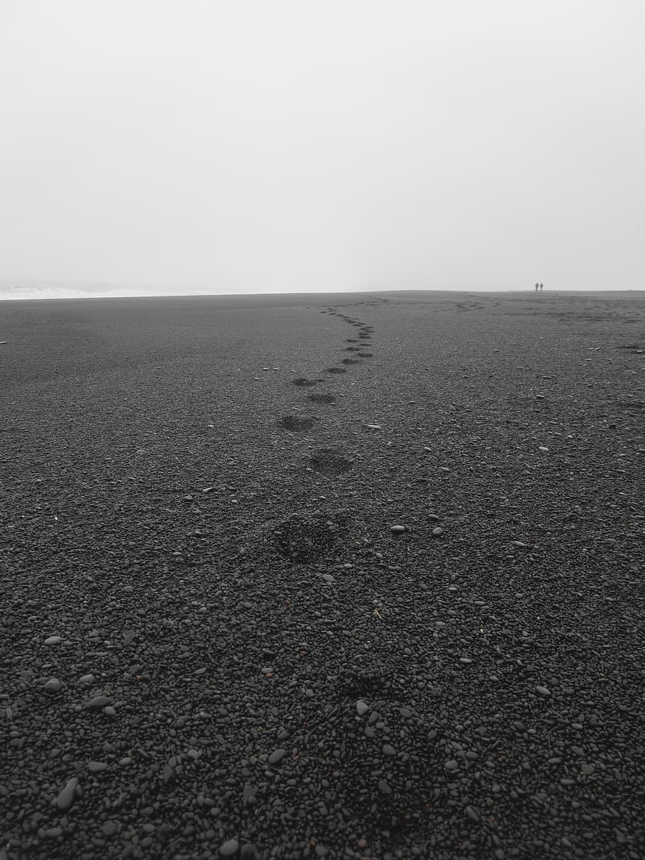 iceland, reynisfjara black sand beach, footprints, distance