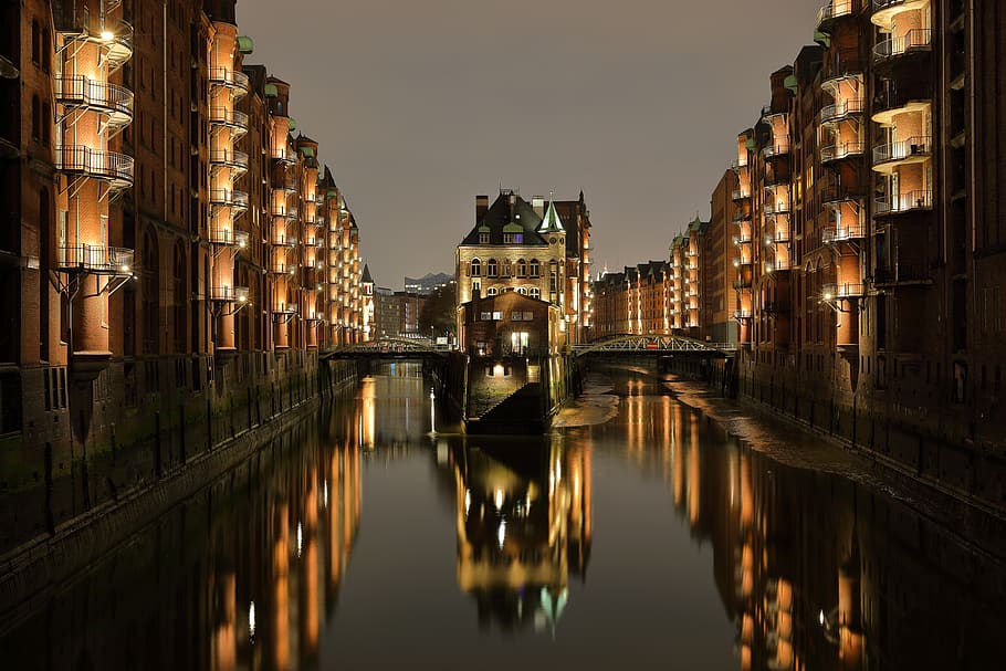 river and buildings, castle, architecture, fort, hamburg, germany HD wallpaper