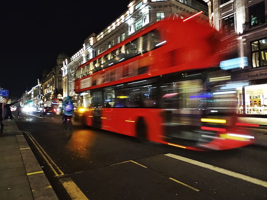 red double deck bus, architecture, city, motion, building exterior HD wallpaper