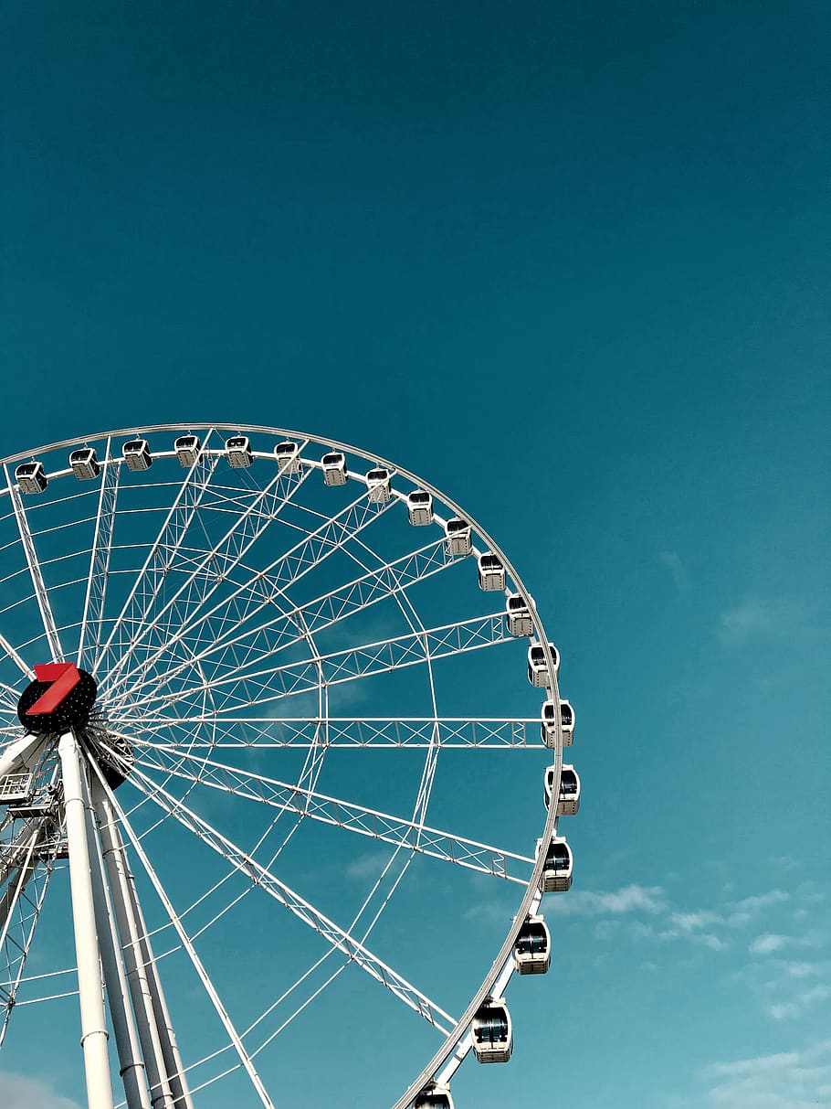 worm's-eye view of ferris wheel, amusement park, leisure activities
