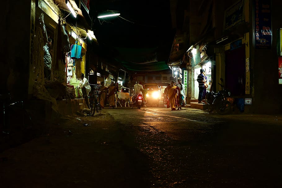 india, gokarna, tuktuk, cow, lights, night, street, reflection