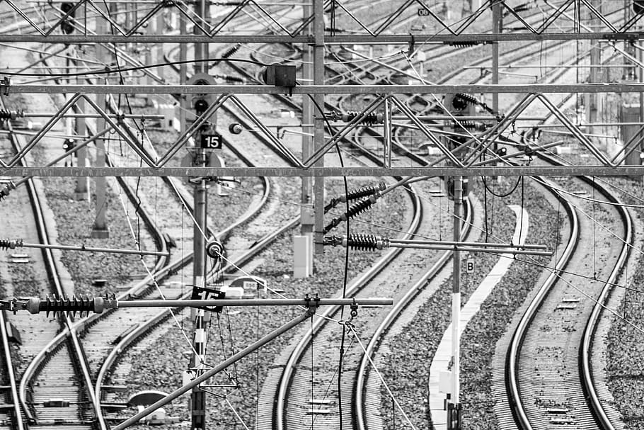 railway, black and white, mess, 15, fifteen, messy, rails, travel, HD wallpaper