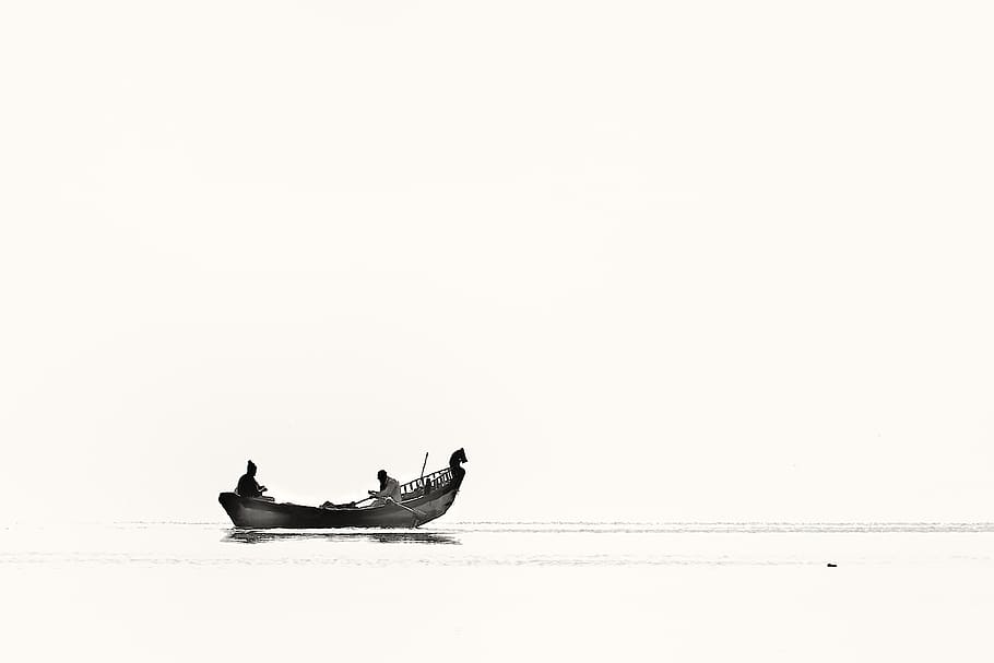 Two Person Riding Boat on Body of Water, adventure, black and-white