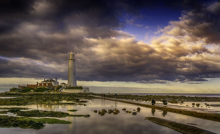 Lighthouse Beside Shore, architecture, cloudy, dawn, dusk, sea HD wallpaper