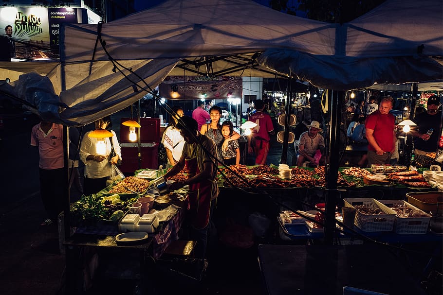 thailand, bangkok, market, asian, merchant, night market, seller, HD wallpaper