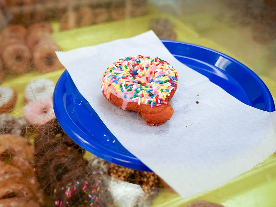 A cake donut with strawberry icing and sprinkles sitting on a blue plate., HD wallpaper