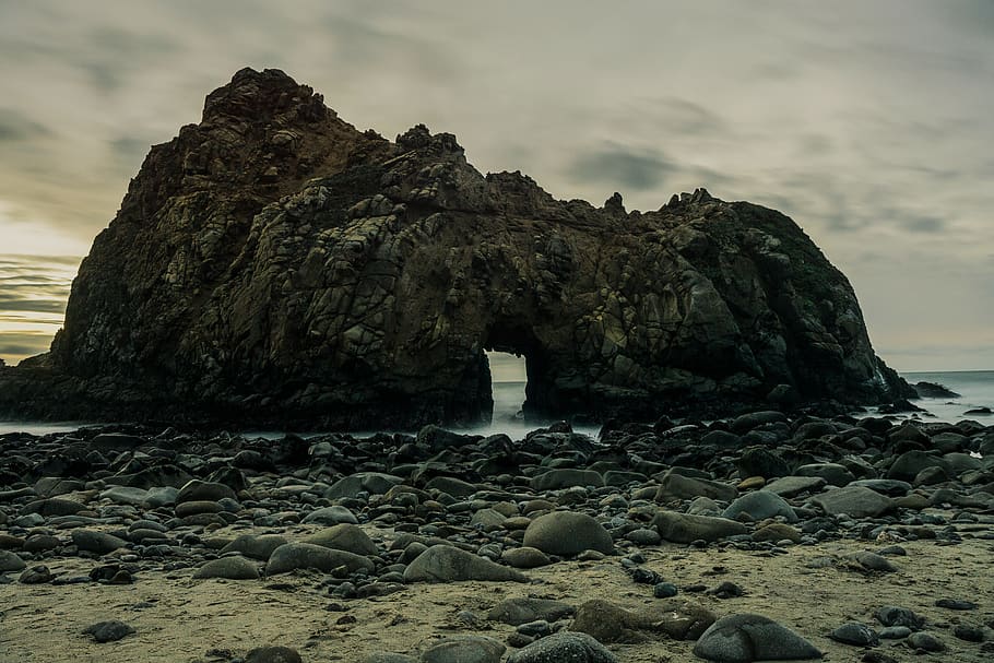 black rock formation, solid, rock - object, sky, beach, land HD wallpaper