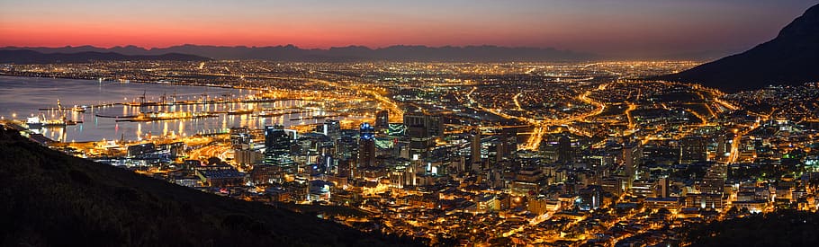 table bay harbour, cape town, dawn, sunrise, night, city, architecture