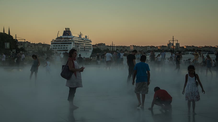 france, bordeaux, ship, sea, people, sunset, fog, architecture HD wallpaper
