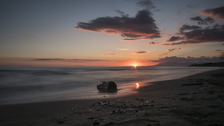 sunset, spain, sky, landscape, sea, water, clouds, vacations HD wallpaper