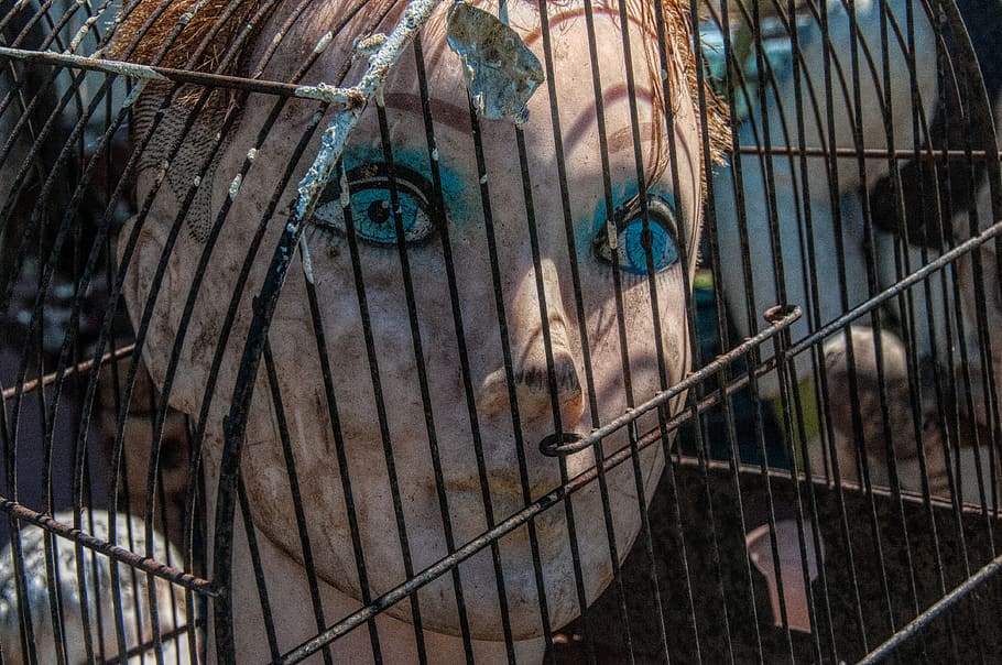 doll, old, antique, cage, bird cage, vintage doll, plastic face HD wallpaper