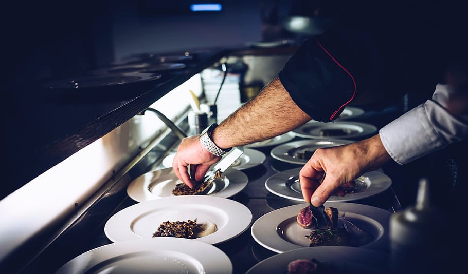 chef, cook, plate, dish, meat, preparing, desert, hands, watch HD wallpaper