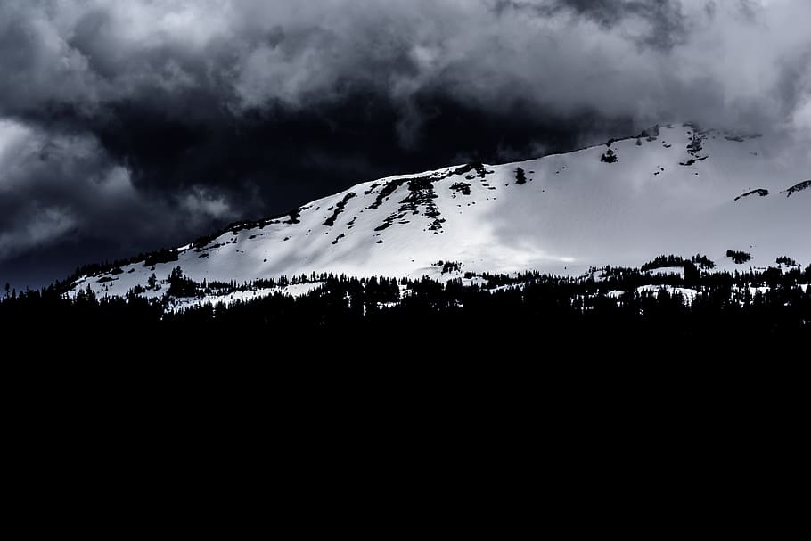 grayscale photo of mountain during winter, sky, wilderness, storm HD wallpaper