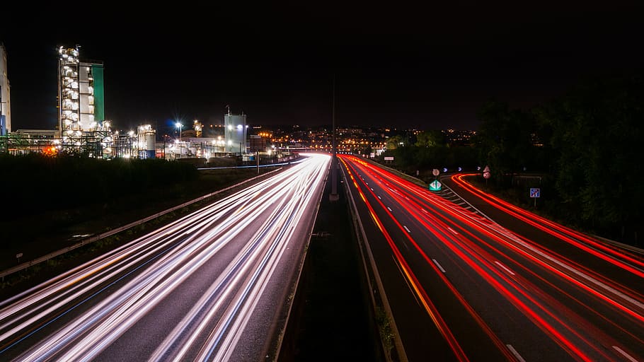 factory, highway, lyon, night, city, lights, france, long exposure HD wallpaper