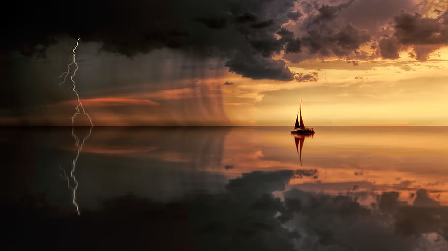 Silhouette Photography Of Boat On Water during Sunset, backlit HD wallpaper