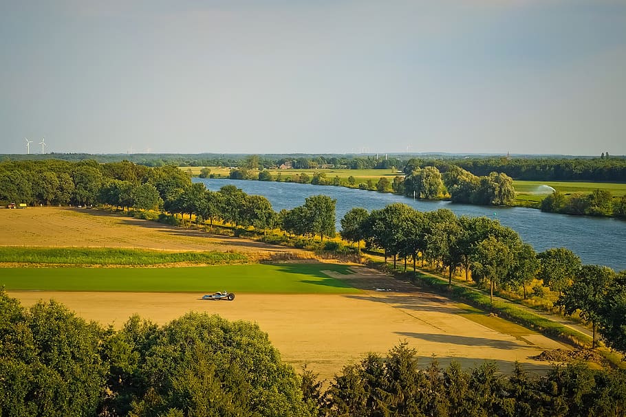 landscape, river, nature, water, scenic, sky, green, field HD wallpaper