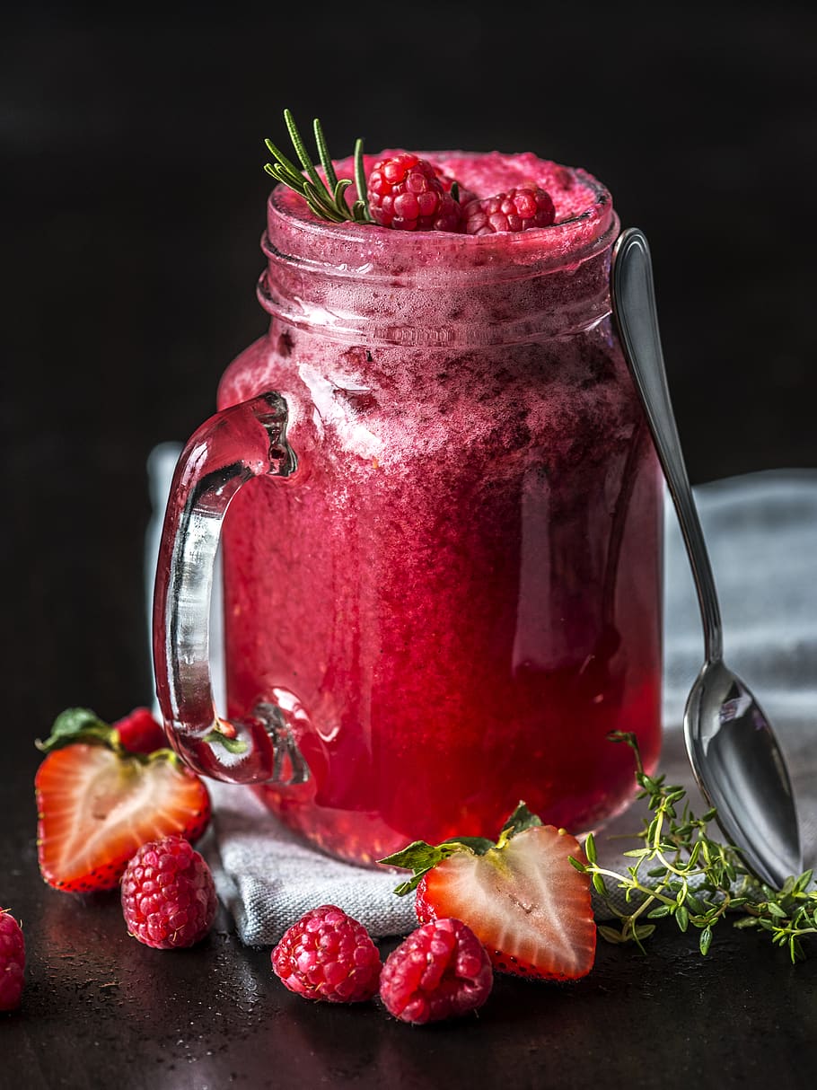 Clear Mason Jar With Strawberry, berries, black background, blended, HD wallpaper