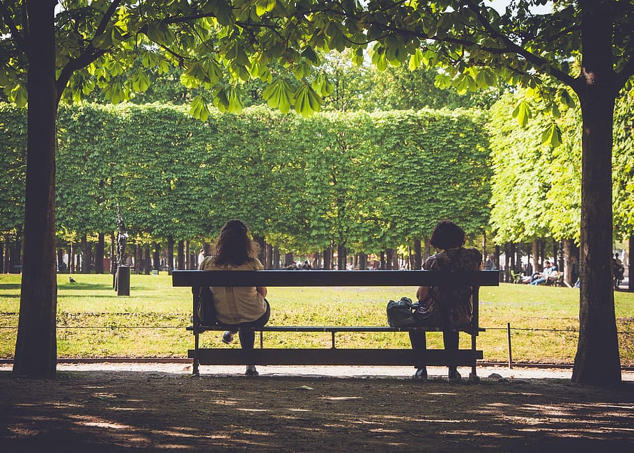 paris, france, people, bench, parc, trees, green, lawn, distance HD wallpaper