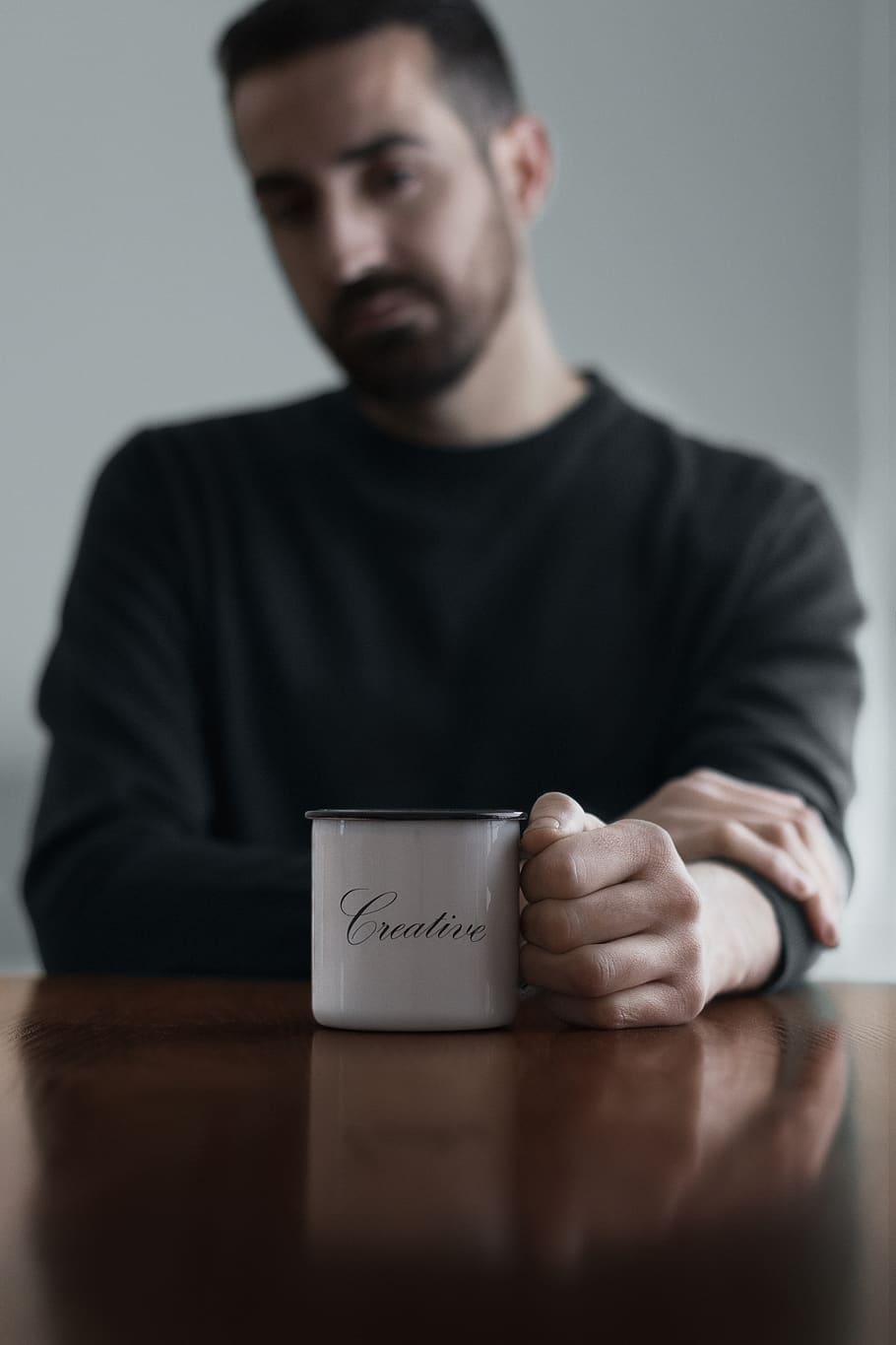 man sitting holding mug, human, person, coffee cup, finger, wood HD wallpaper
