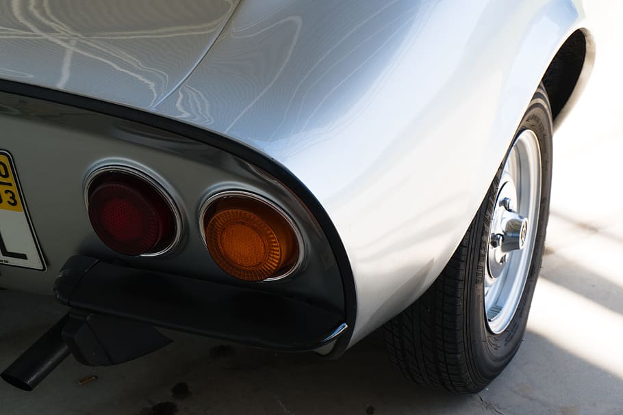 silver car on road, taillight, tail light, wheel, vehicle, vintage HD wallpaper