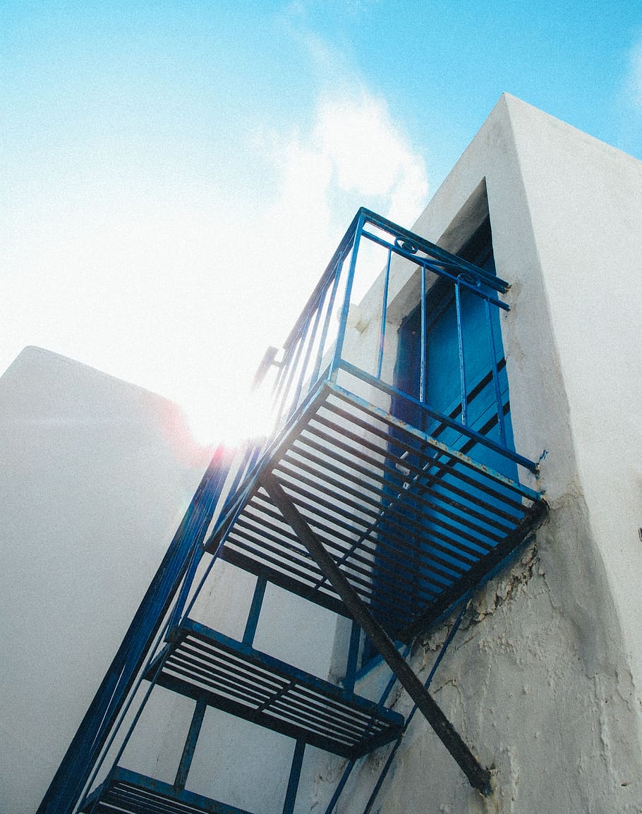 black fire exit ladder, handrail, banister, light, flare, staircase HD wallpaper