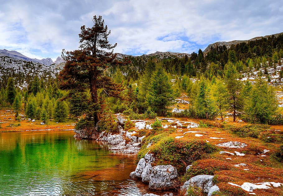 Body of Water Surrounded With Grass, boulders, clouds, daylight HD wallpaper