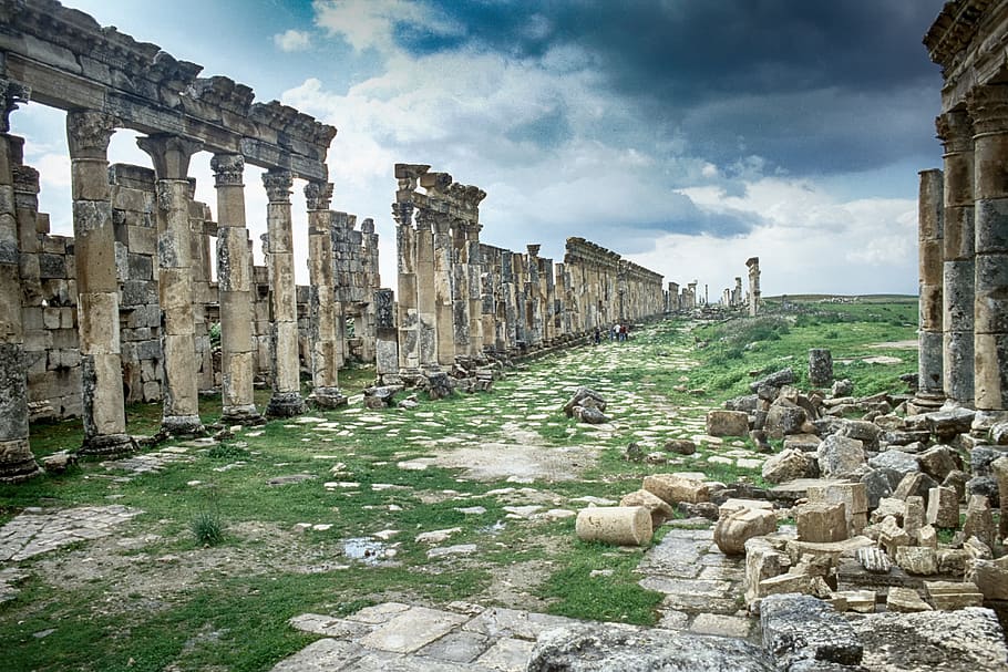 syria, apamea, roman, ruins, sky, blue, archaeology, history, HD wallpaper