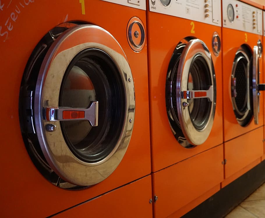 three red front-load clothes dryers, laundry, vehicle, train, HD wallpaper