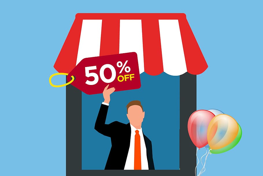 Illustration of man in a booth with a 50 of sale sign., discount
